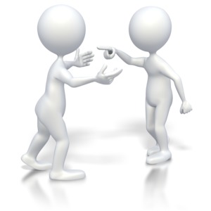 Two stick figures have a heated conversation in the clip art image.