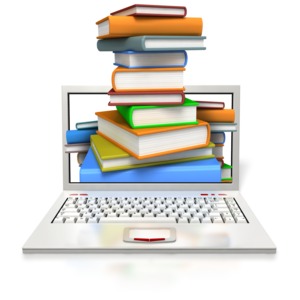 An image of a white laptop with books coming out of the screen.