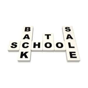 The word Back To School Sale are joined together in a crosswords puzzle arrangement.