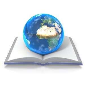 A concept clip art of reading and knowledge being the key to opening up the world.  The world sits in an open book in this 3D illustration.