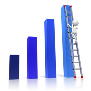 A stick figure climbs a ladder leading to the top bar in this blue bar graph.
