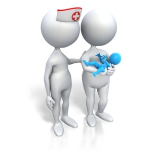 An image of a mom, a nurse or midwife, and a son that is colored blue to show gender.