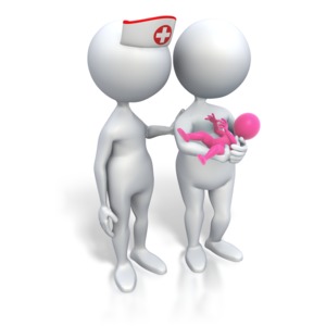 An image of a mom, a nurse or midwife, and a daughter that is colored pink to show gender.