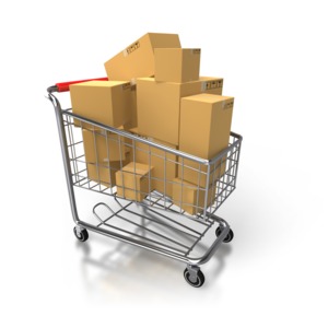 An image of a shopping cart full of cardboard boxes.