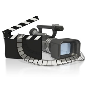 This clip art image shows a digital video camera and clip board with film wrapping around them.