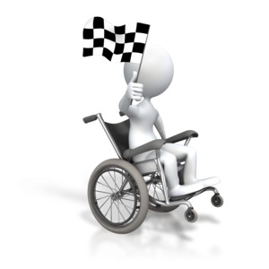 An image of a stick figure in a wheelchair holding flag.