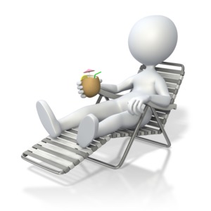 A stick figure relaxes in a beach chair while holding a coconut drink.