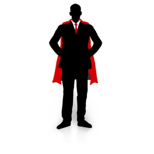 An image of a silhouette of a business guy with a super hero cape.