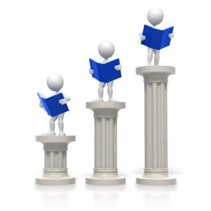 Three stick figures read a book while standing on their own pillar all at different heights.  This clip art image displays a concept of higher learning, gaining greater knowledge, and showing different levels of knowledge.  