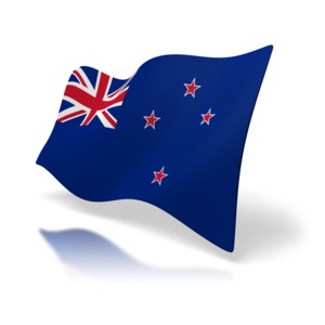 A 3D rendered image of the national flag of New Zealand.  Rendered at a perspective angle.