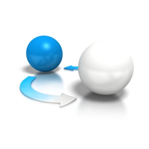 An image of two spheres revolving in a circle changing colors.