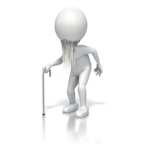 An elderly stick figure with a beard walks with a cane.  A concept clip art of old age.