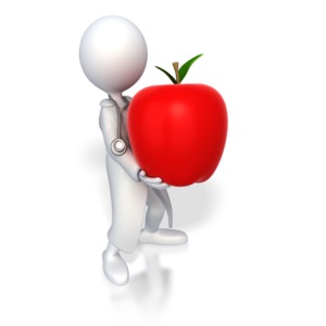 A stick figure doctor stands holding a giant red apple.  
