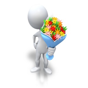 An image of a stick figure giving a bouquet of flowers to you.