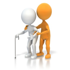 A stick figure assists an elderly person.  The elderly person is holding a cane.  A clip art concept of old age, nursing, physical therapy or helping the elderly.