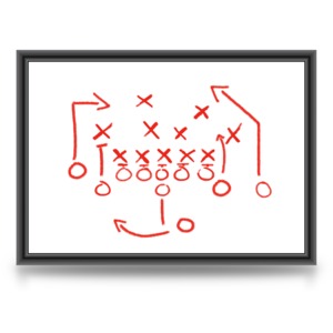 An image of a game strategy/play on a whiteboard.