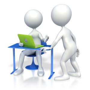 Two stick figures meet at a desk discussing something on a laptop.