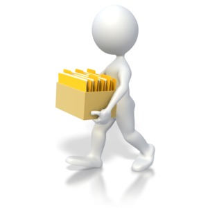 A stick figure carries a box of files. 