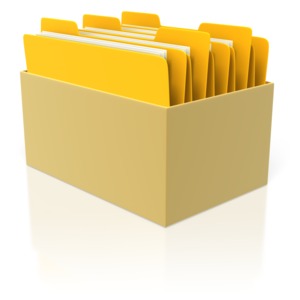This 3d clip art image shows a box full of files with papers in them.