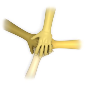 In this clip art image four hands are stacked on each other.  This graphic displays a concept of unity, teamwork, and partnership. 