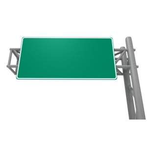 A blank green freeway or interstate highway sign on a metal truss is suspended from two metal posts.  You can add your own text to this sign in PowerPoint of in other software applications.  There is plenty of copy space for your message.