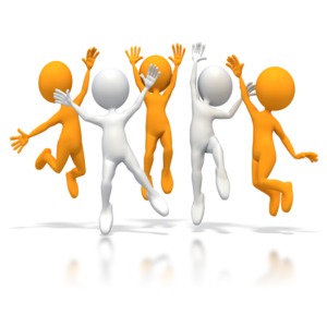 Five stick figure celebrate as they all jump in the air.