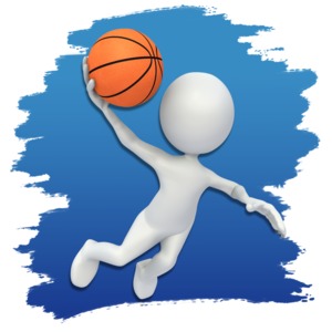 An image of a stick figure slam dunking a basketball with colorful background.
