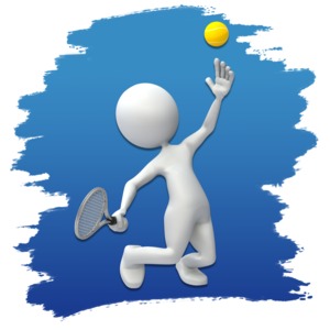 An image of a stick figure serving a tennis ball with colorful background.