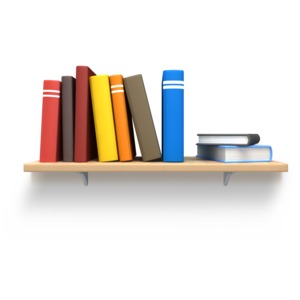 An image of some books sitting on a wooden bookshelf.