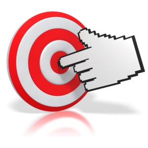 This clip art image shows a mouse finger pointing at a center of a bulls-eye.