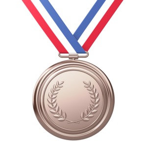 An image of a bronze medal containing an olive branch and red, white &amp; blue ribbon.