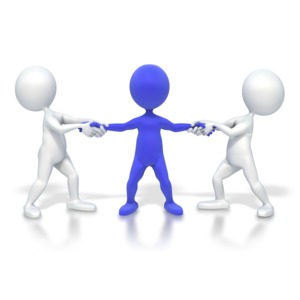 A single stick figure is pulled in two different directions by other stick figures.  This is a concept of fighting over a customer or talented employee.  Or an illustration of too many obligations or stress.
