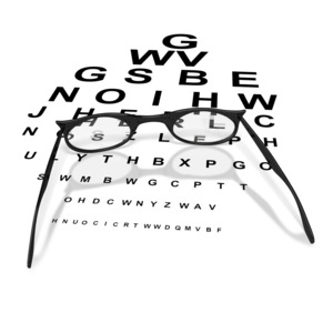 a pair of glasses sit on a sight letter chart.