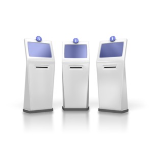 A group of three information kiosks standing together.  The screens are blank leaving room for you to add your own text in PowerPoint or another application.