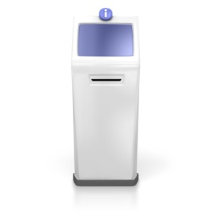 A single information kiosk with a blank screen.  There is room on the screen to add your own text in PowerPoint or other software application.
