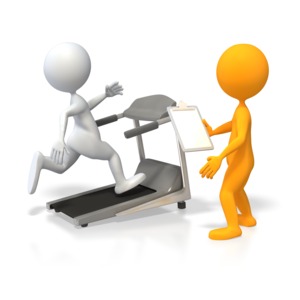 A orange stick figure trains another stick figure on a treadmill.