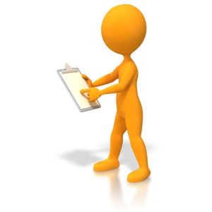 An orange stick figure points at a clipboard in this clip art image.