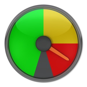 An indicator gauge with it&#039;s needle pointing to the red warning area.  Gauges with the needle pointing to green and yellow are also available.
