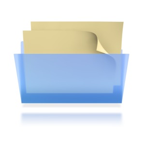 This clip art image shows a transparent folder with two pieces of paper inside.