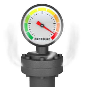 A pressure gauge reads into the red as the pipes beneath it are springing a leak. A concept of too much stress or being under pressure.