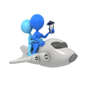 A couple sits on top of a jet airplane traveling to a vacation.  The figure in front hold up a tropical drink in this concept clipart of vacation travel.