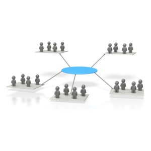 This clip art image shows five platforms with stick figures standing on them all connected to a main platform.