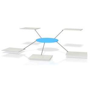This clip art image shows five white square platforms connected to a blue circle platform in the center of them.