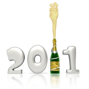A bursting champagne bottle stands in place of the number one in the 2011 new years clip art.  This clip art image can be added to PowerPoint Templates to celebrate the new year.