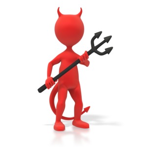 A stylized 3D devil figure holding a pitch fork.  Could be used as a Halloween image, or as in a comparison between good and evil.