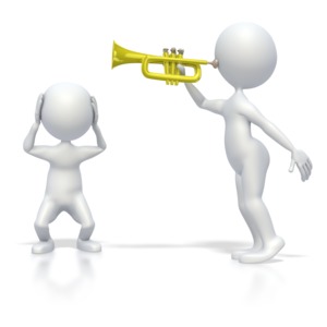 A stick figure sounds a trumpet as another covers its ears from the sound.
