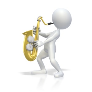A stick figure plays a saxophone.