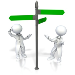 Two doctor stick figures look a direction sign with confusion.