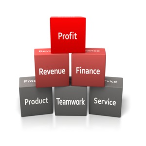 An image of a pyramid of building blocks with a business theme.