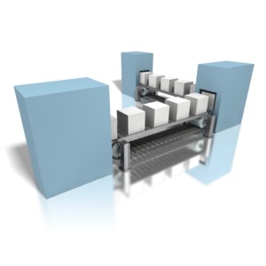 An image of an angled assembly line with gray boxes.